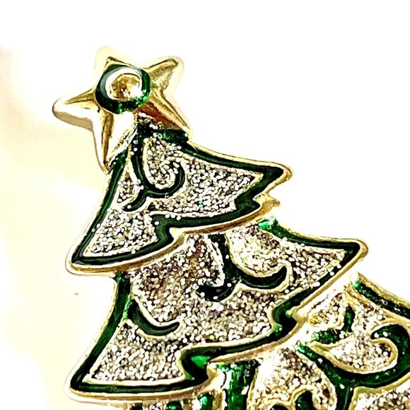 Vintage Christmas Tree Brooch Pin Green Enamel Glitter Gold Tone Plated - Picture 9 of 13